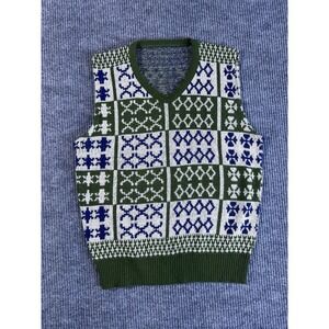 Vintage Green Blue White Geometric Patterned Knit Sleeveless Sweater Vest Women